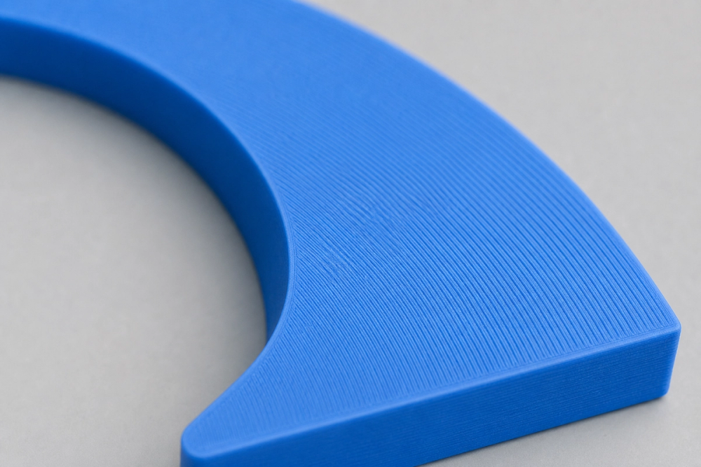 Macro shot of a PLA print showing clean, evenly spaced layer lines over a curve