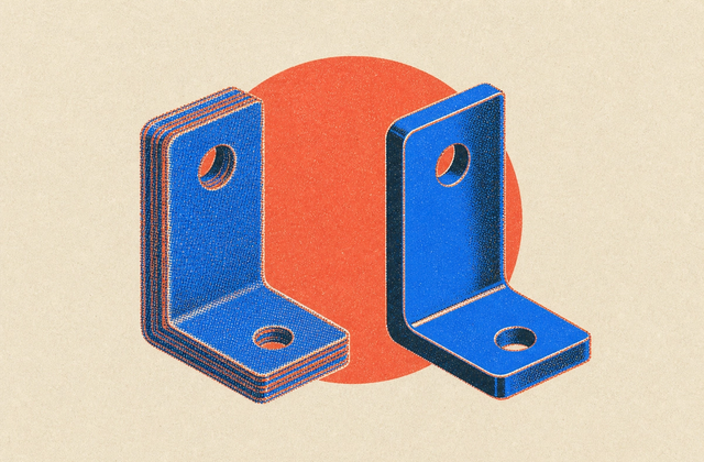 The same angle bracket printed twice — one banded with visible print layers, one smooth and glossy