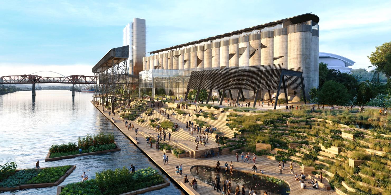 Rendering of people milling about the proposed Albina Riverside park.