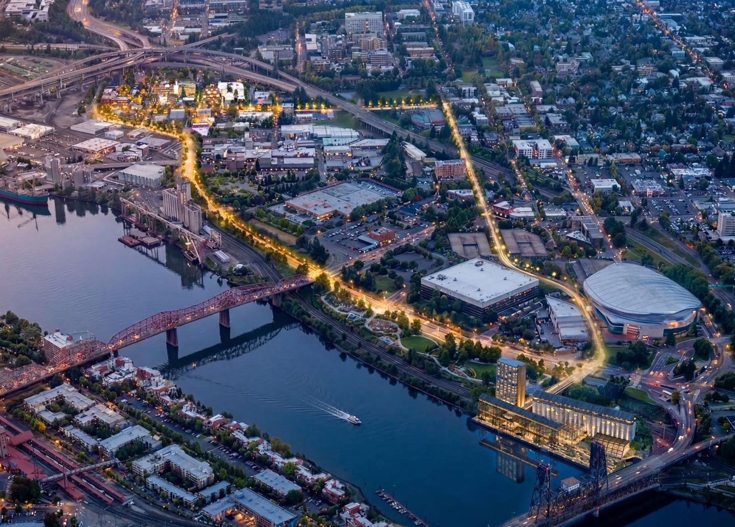 Aerial view of the Albina neighborhood showing the Connectivity Corridor between Albina Riverside and The Low End.