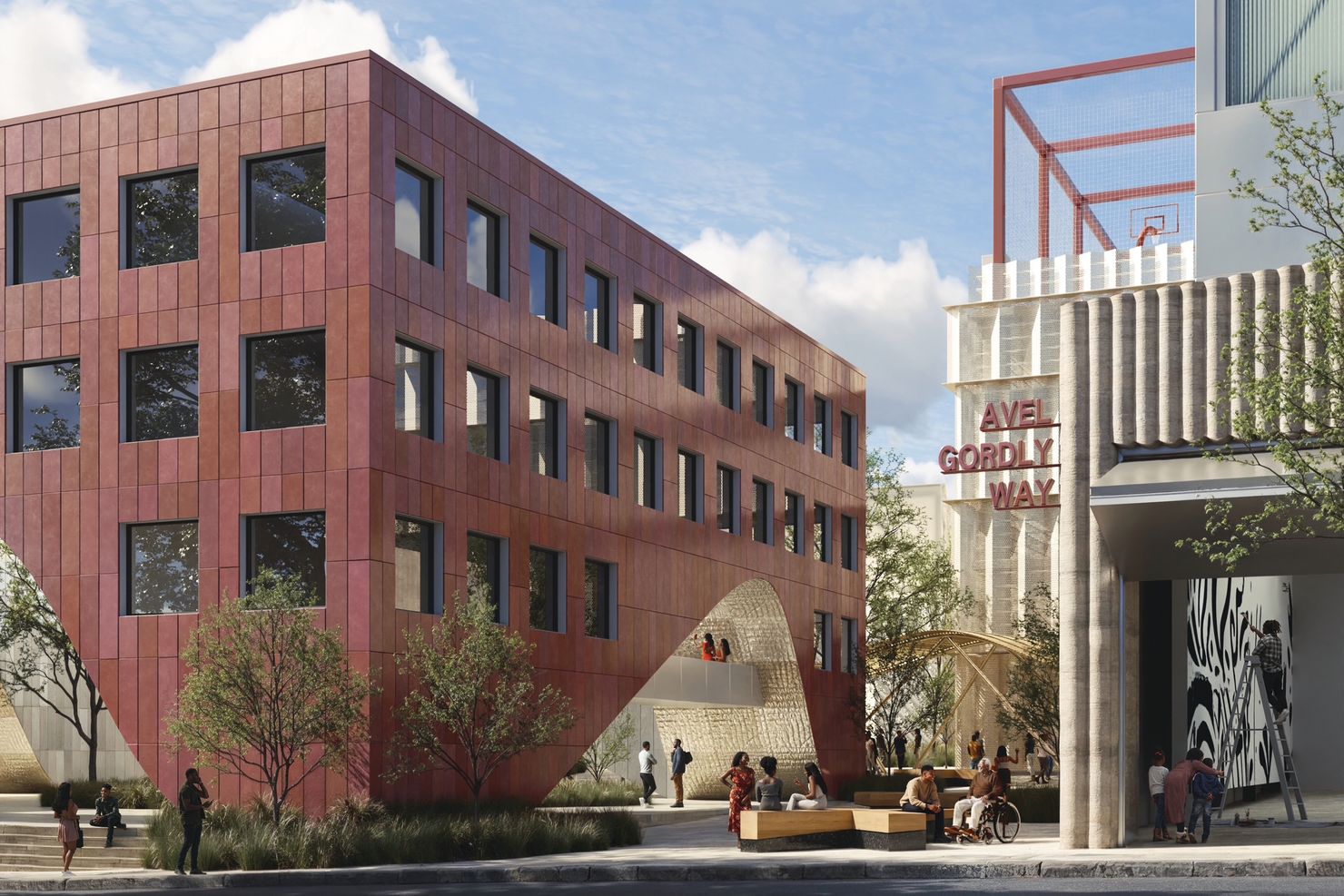 Rendering of the Low End depicting a red building with curved passages underneath.