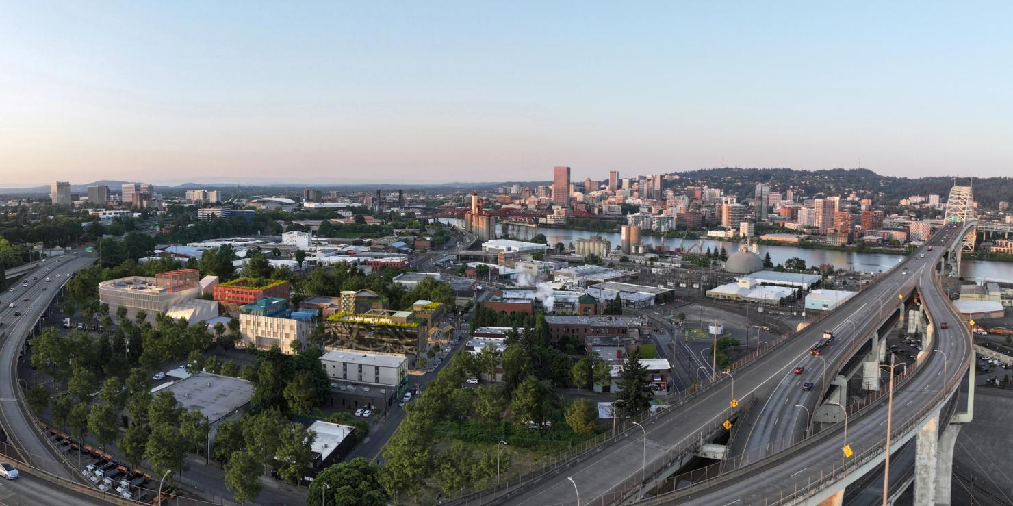 An arial photograph of the Albina District in Portland Oregon.