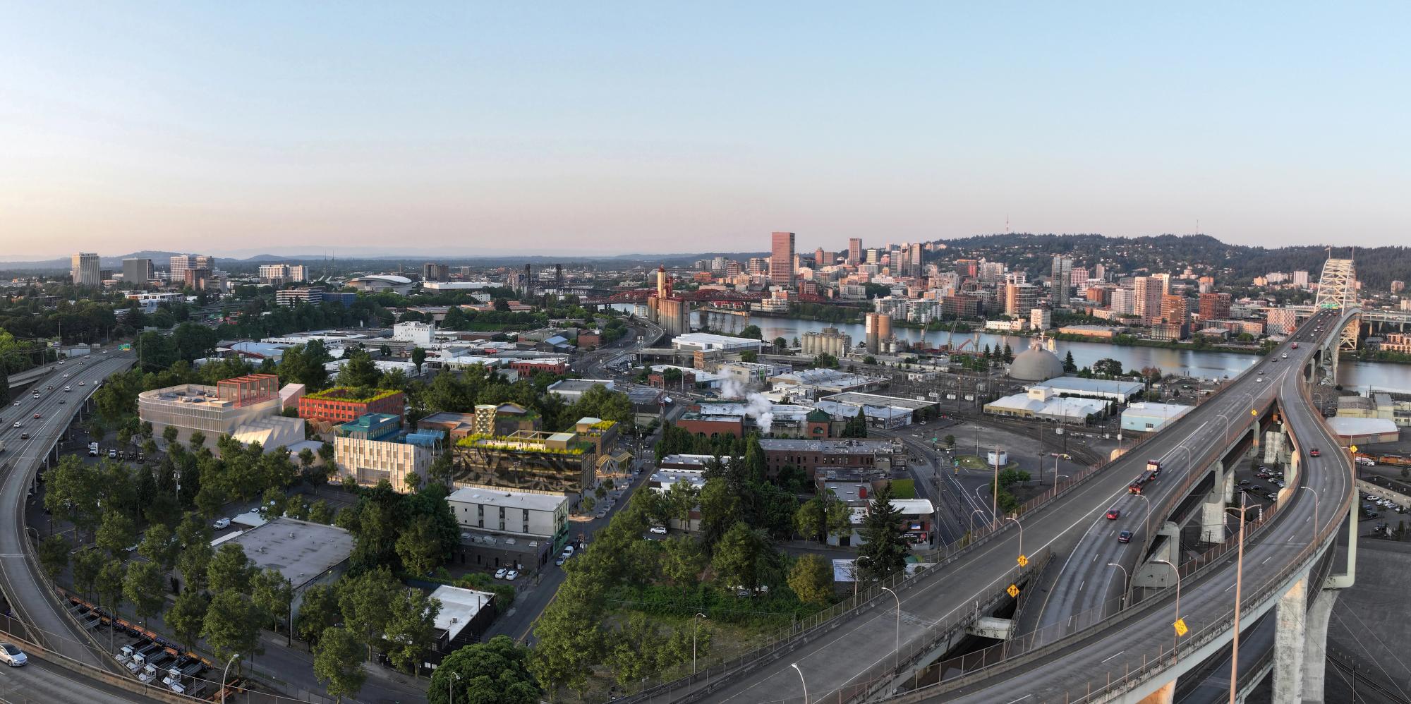 An arial photograph of the Albina District in Portland Oregon.