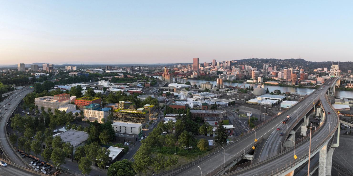An arial photograph of the Albina District in Portland Oregon.