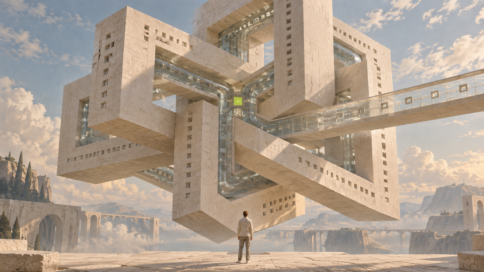 A figure faces a tangled tower of stone modules and transparent channels.