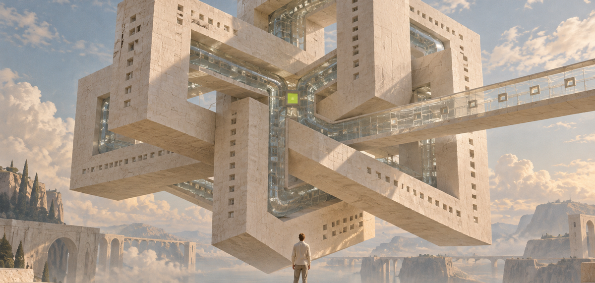 A figure faces a tangled tower of stone modules and transparent channels.