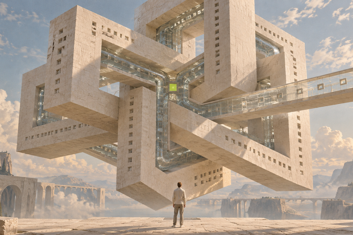 A figure faces a tangled tower of stone modules and transparent channels.