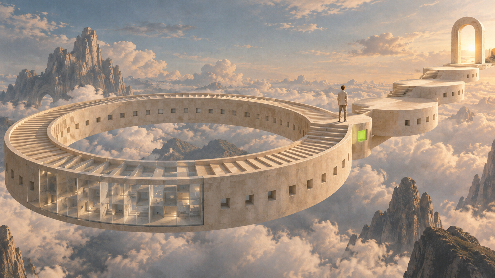 A circular stone stair opens onto terraces leading towards a distant arch.