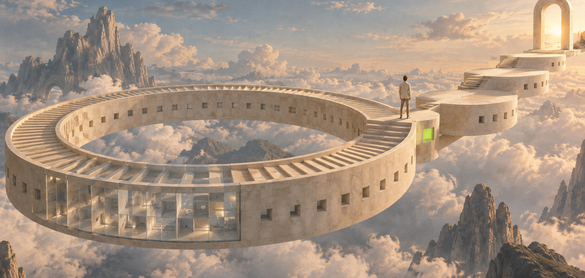 A circular stone stair opens onto terraces leading towards a distant arch.