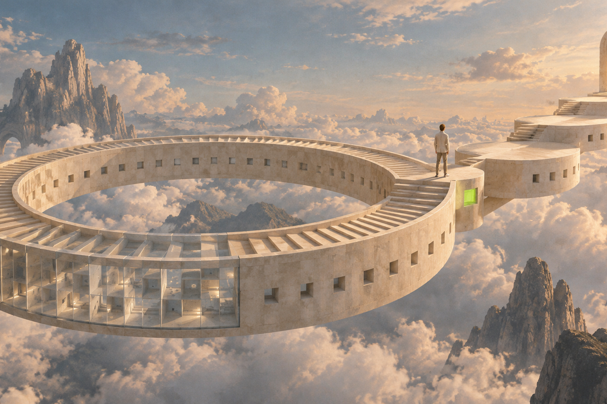 A circular stone stair opens onto terraces leading towards a distant arch.