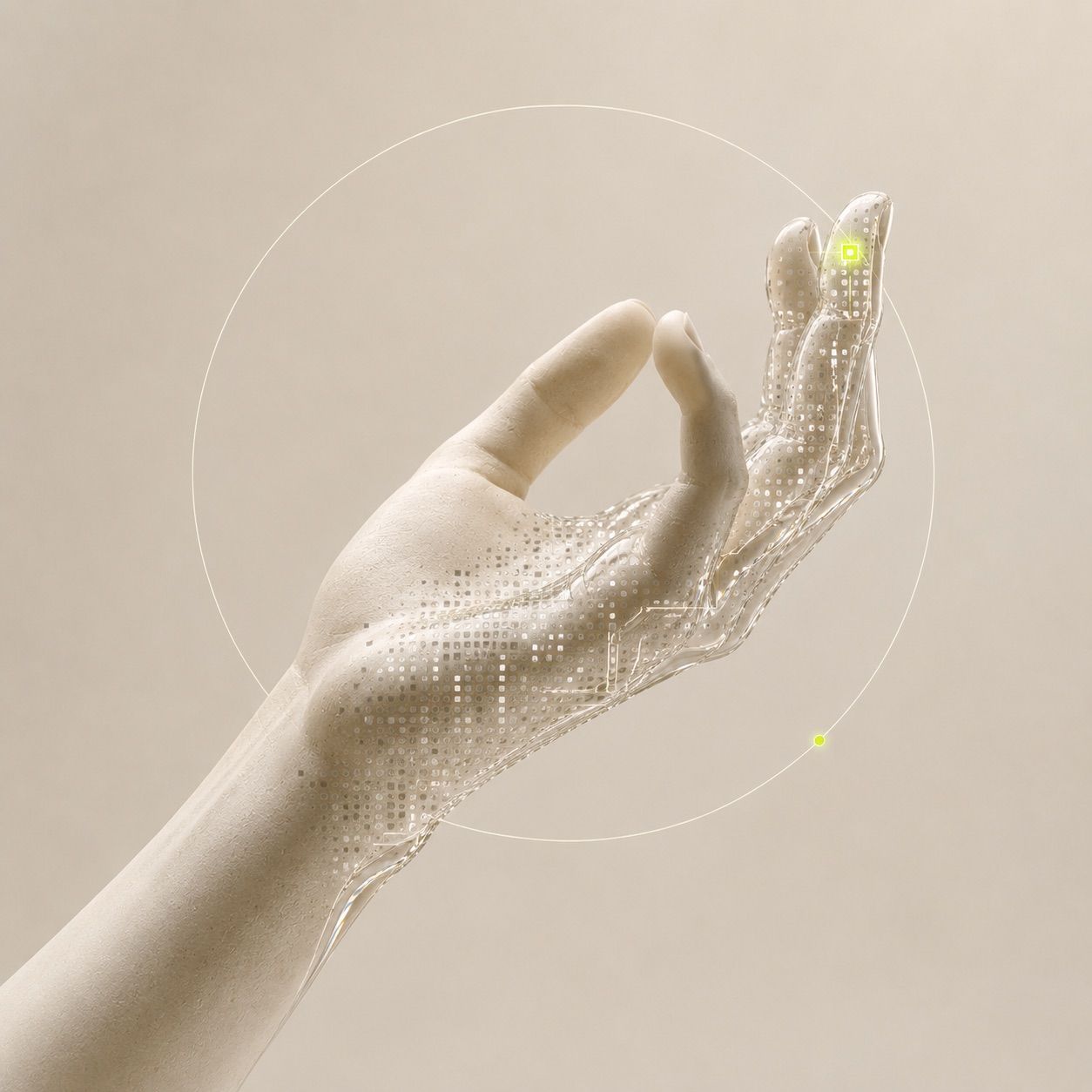 An alabaster hand revealing its intricate glass structure