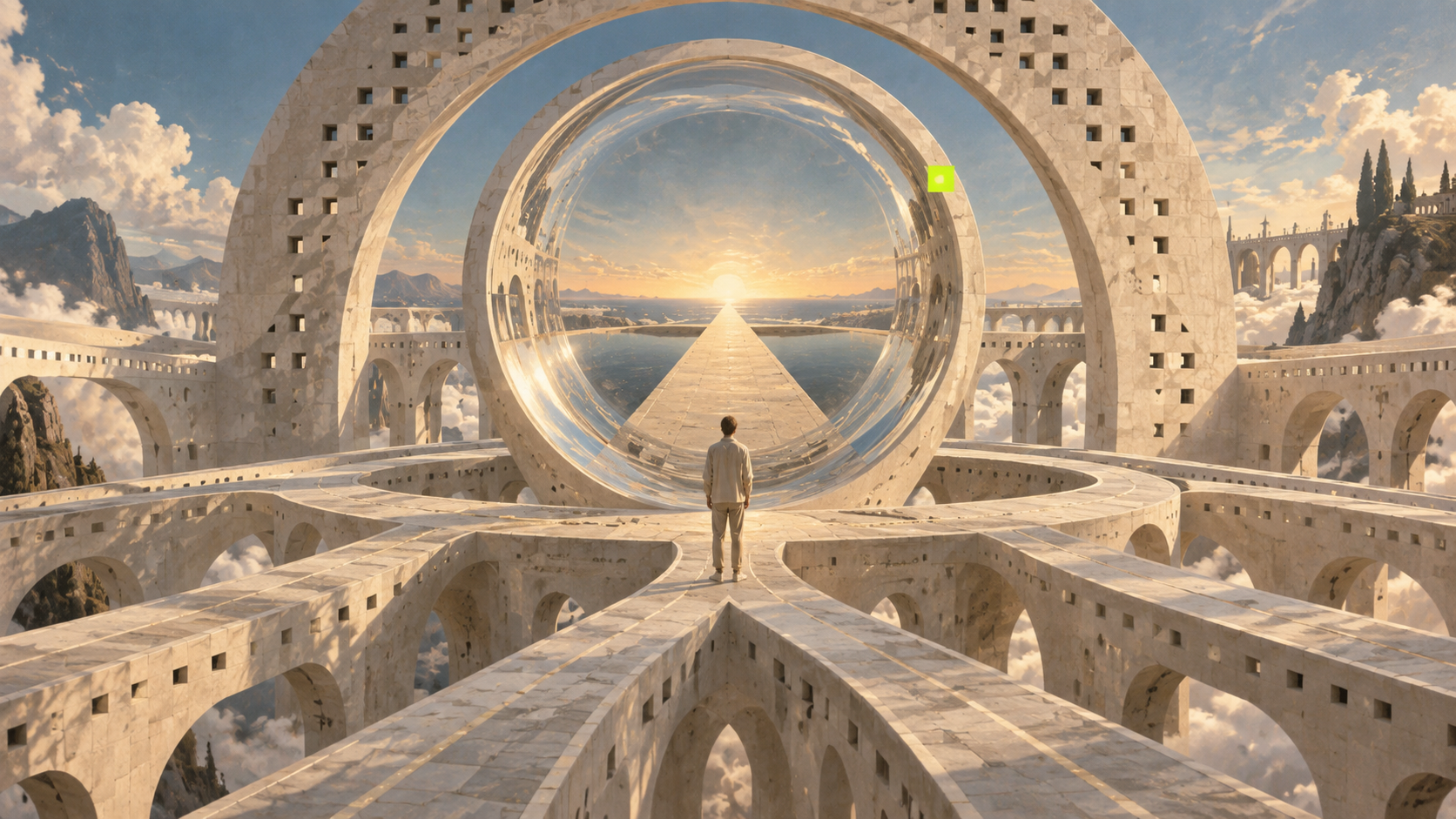 An enormous circular glass lens aligns a stone path towards a sunlit horizon.