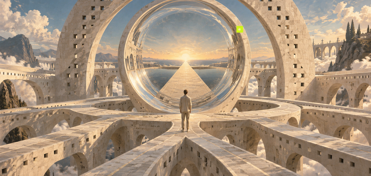 An enormous circular glass lens aligns a stone path towards a sunlit horizon.