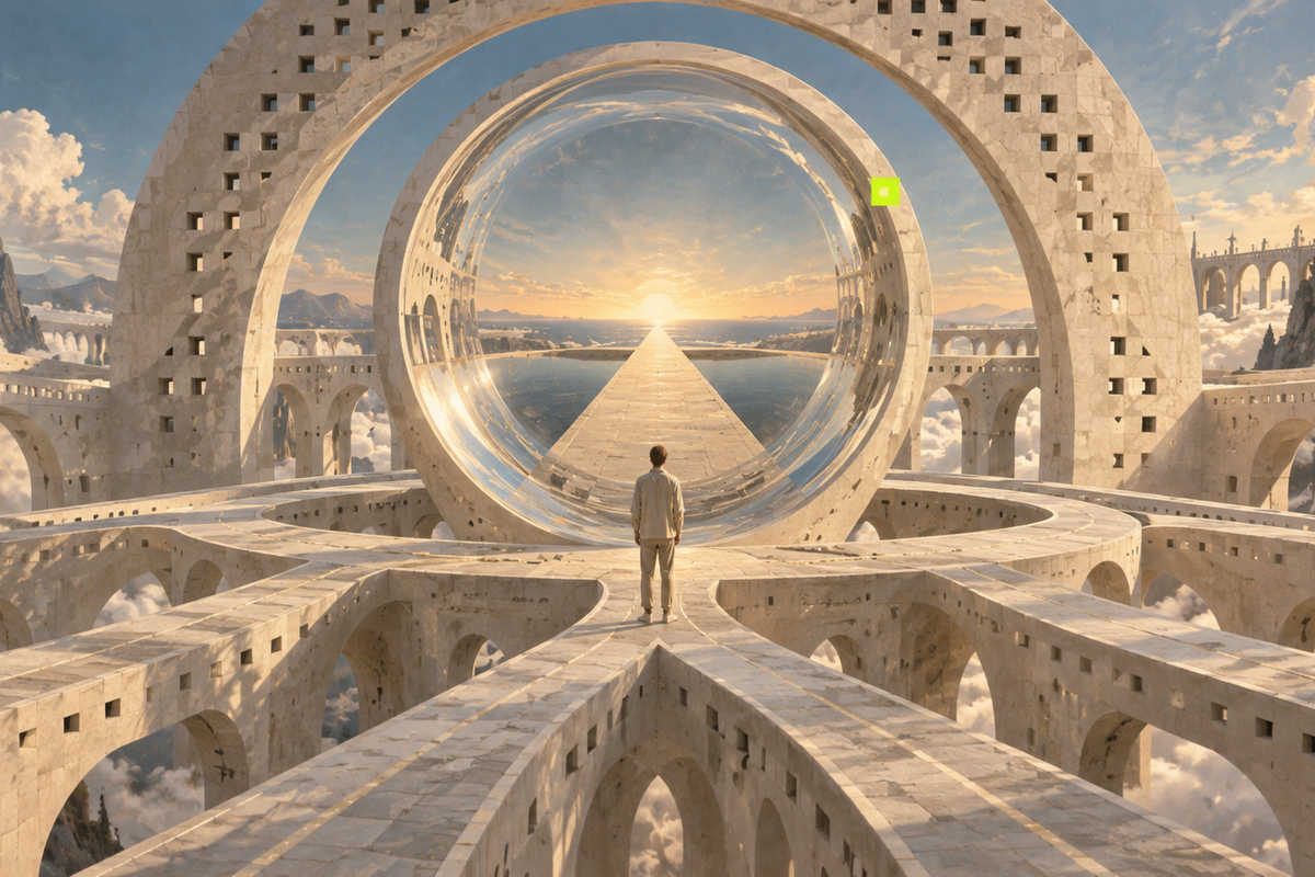 An enormous circular glass lens aligns a stone path towards a sunlit horizon.