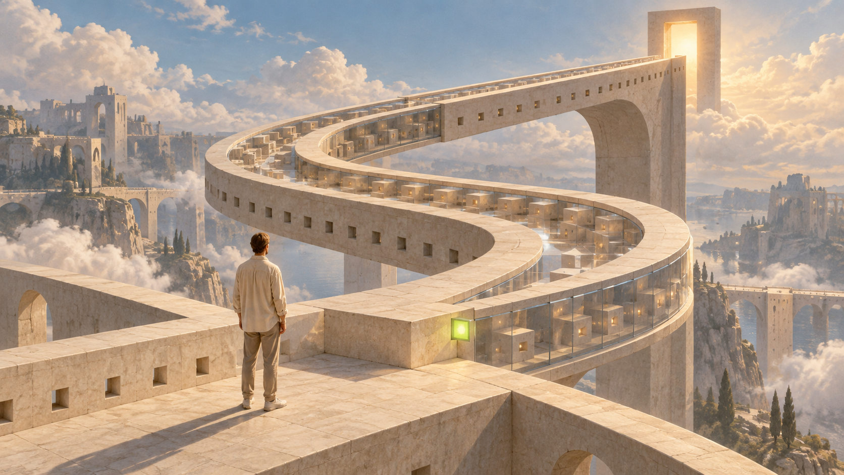 A small figure faces a winding alabaster bridge and a glowing doorway above the clouds.