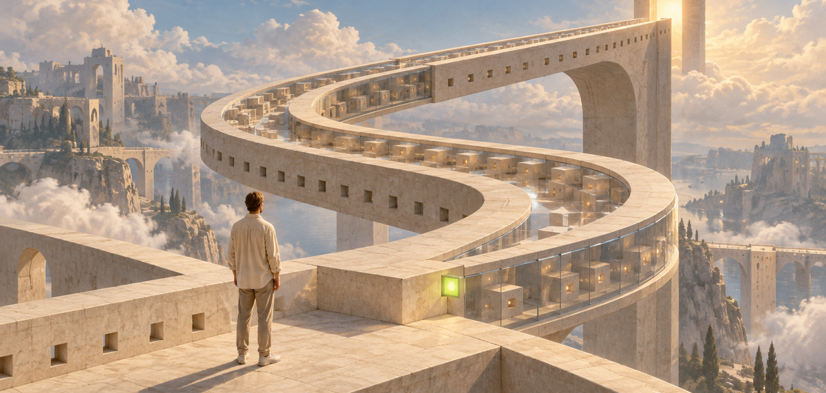 A small figure faces a winding alabaster bridge and a glowing doorway above the clouds.