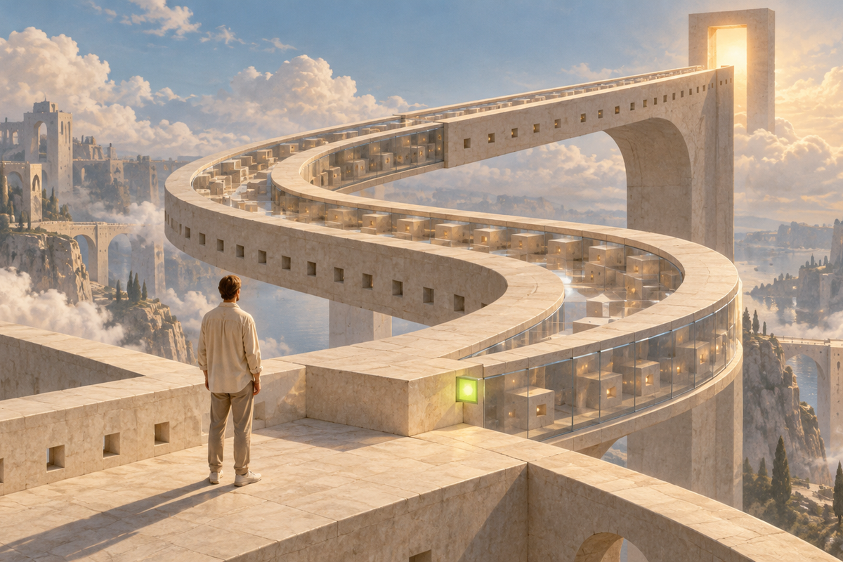 A small figure faces a winding alabaster bridge and a glowing doorway above the clouds.