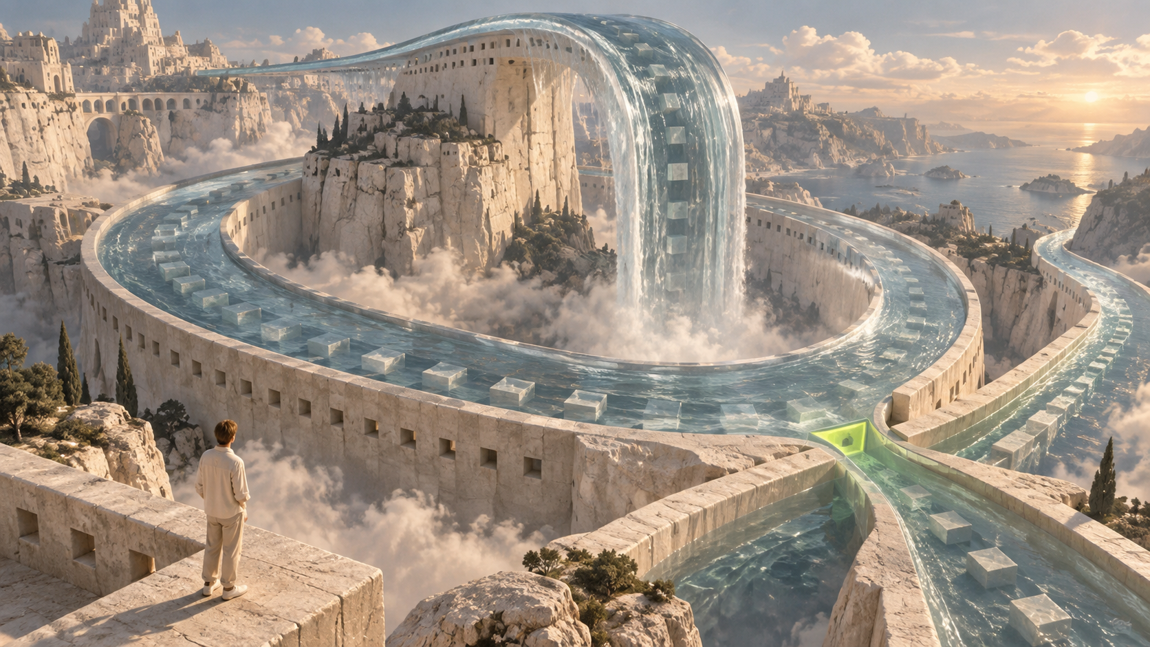 A glass river loops through limestone architecture beneath a towering waterfall.