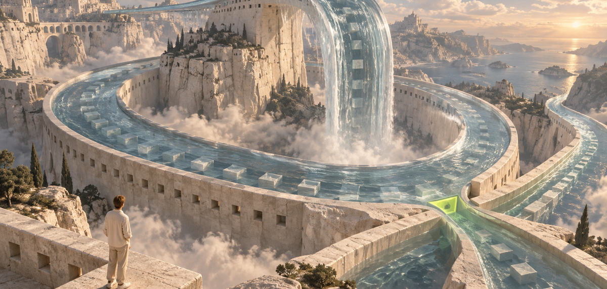 A glass river loops through limestone architecture beneath a towering waterfall.