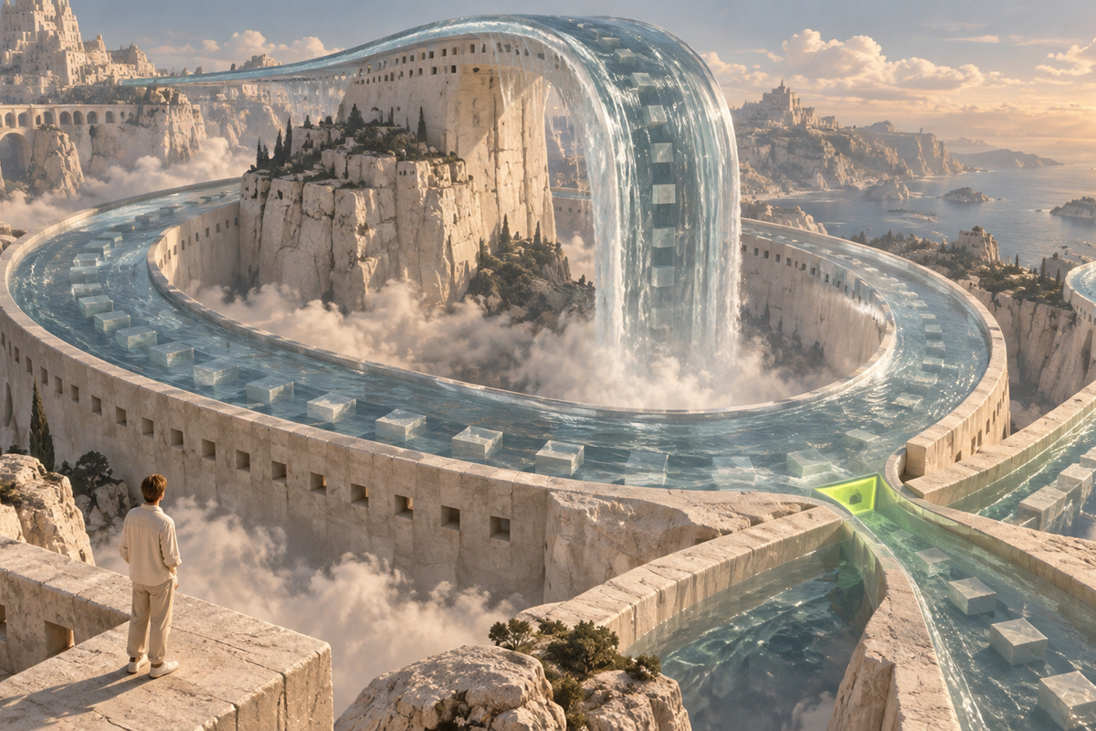 A glass river loops through limestone architecture beneath a towering waterfall.