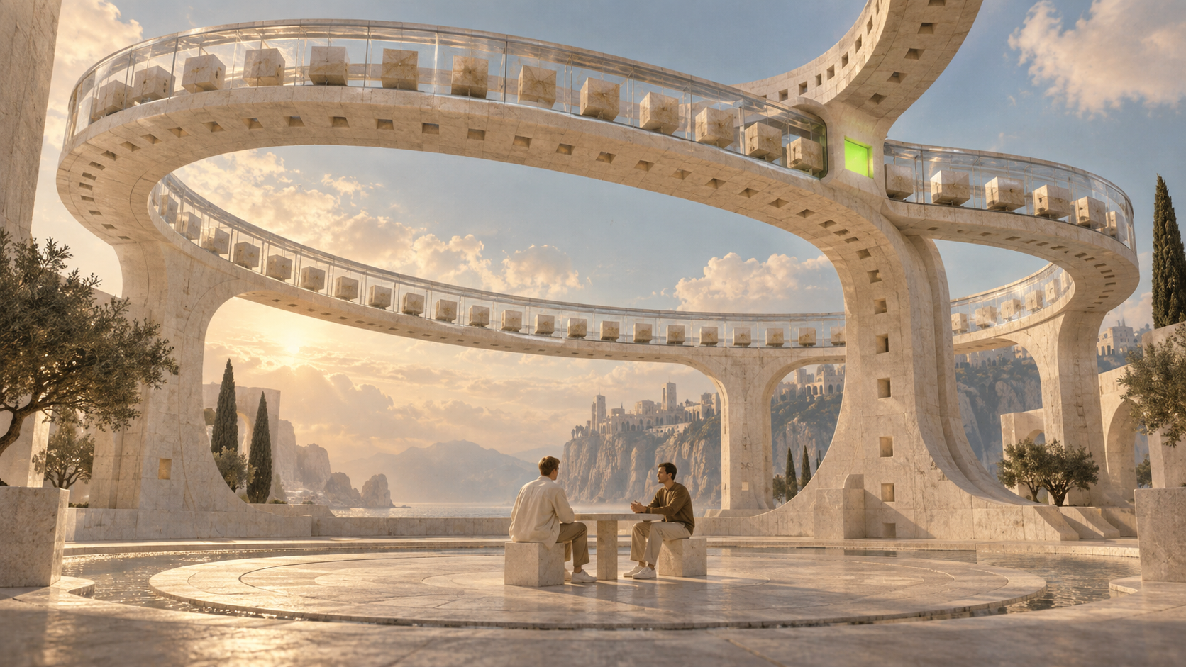 Two people talk beneath a looping stone aqueduct carrying a sequence of blocks.