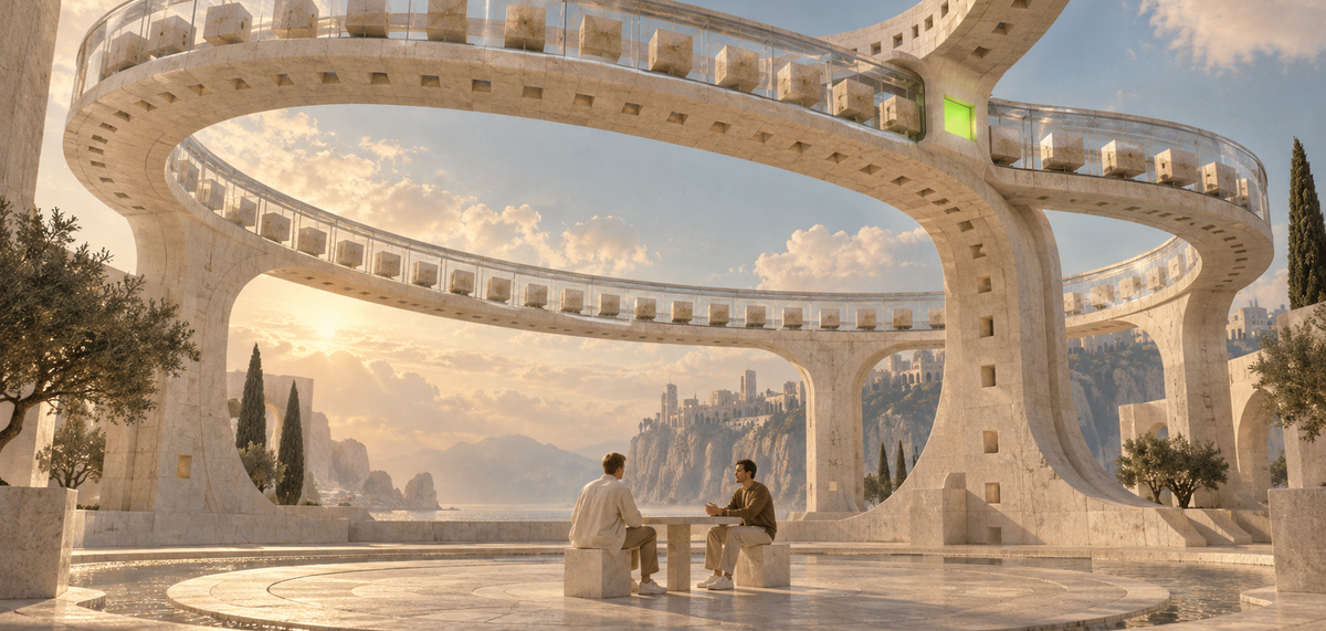 Two people talk beneath a looping stone aqueduct carrying a sequence of blocks.