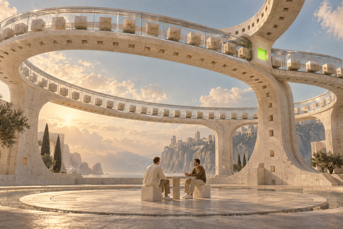 Two people talk beneath a looping stone aqueduct carrying a sequence of blocks.