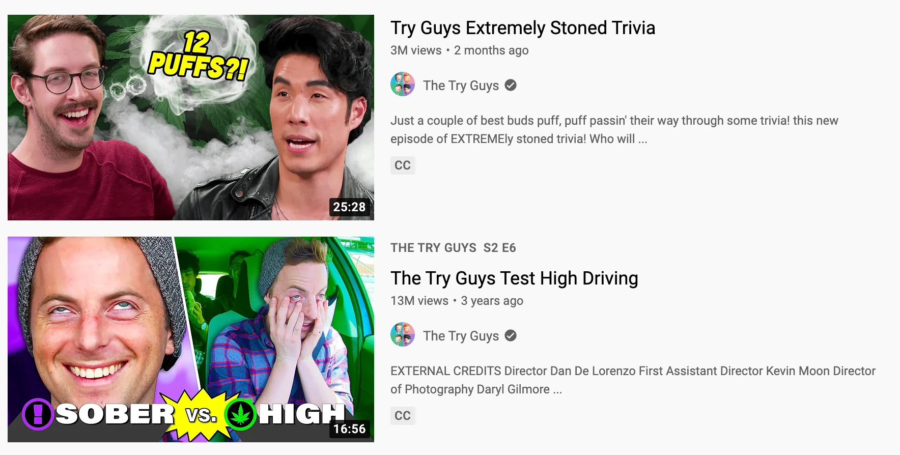 A screenshot of two Try Guys Youtube videos which prominently and outwardly features them consuming cannabis for their videos. 