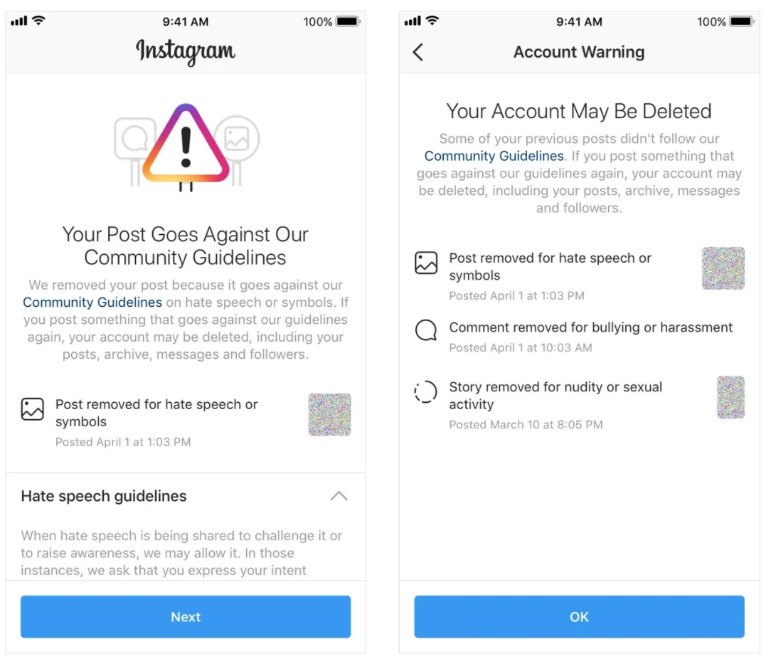 A screenshot of a warning memo from Instagram which says that a post is against community guidelines as well as a second memo stating someone's account might be deleted. 