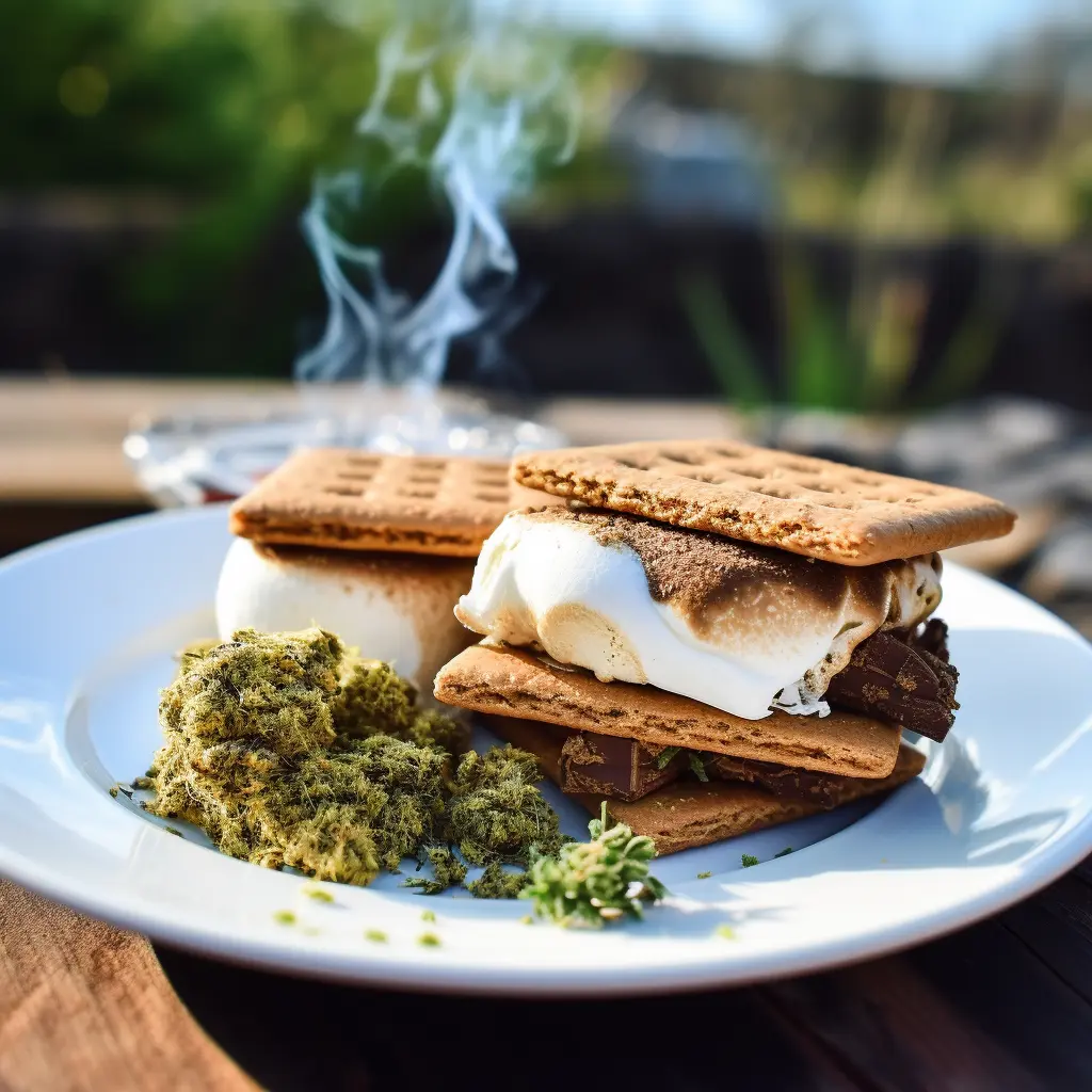 A plate of two s'mores stacked on top of each other and some ground cannabis flower in front of it.