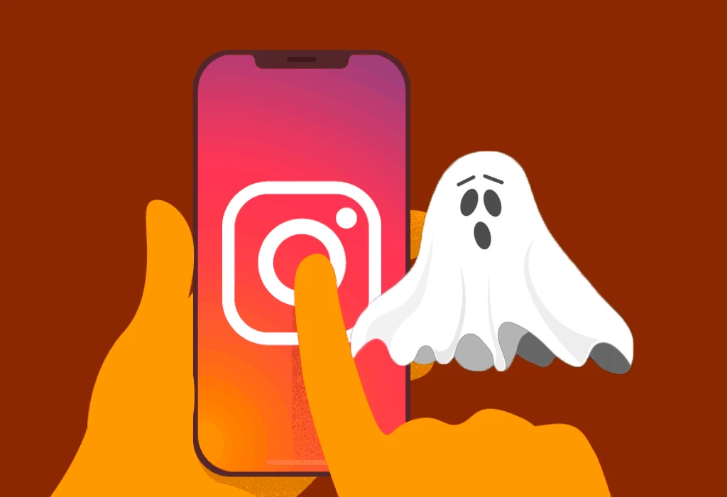 An animated image of hand holding a phone which displays the instagram logo and a ghost pops up next to the phone and hand. 