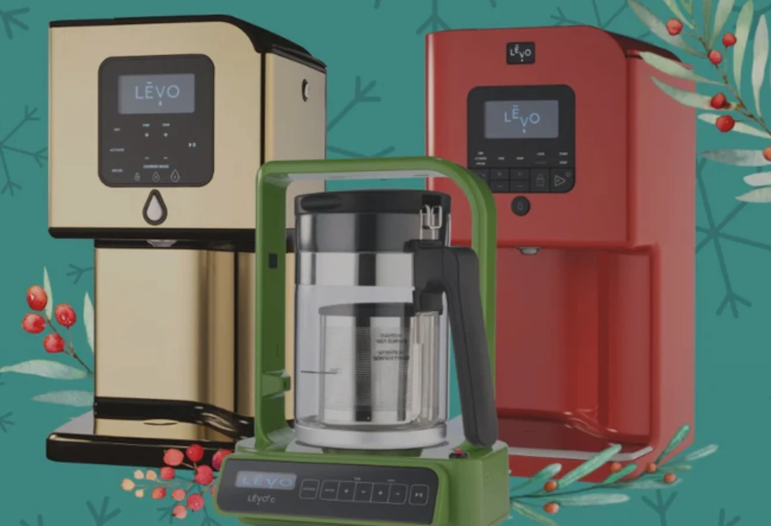 The LEVO II and LEVO C infusion devices in green, gold and red against a simulated festive backdrop.