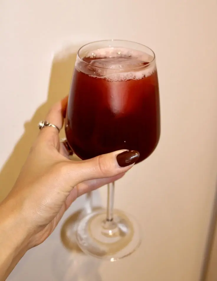 a hand holding an almost full wine glass which holds a red liquid with one large square ice cube in it.