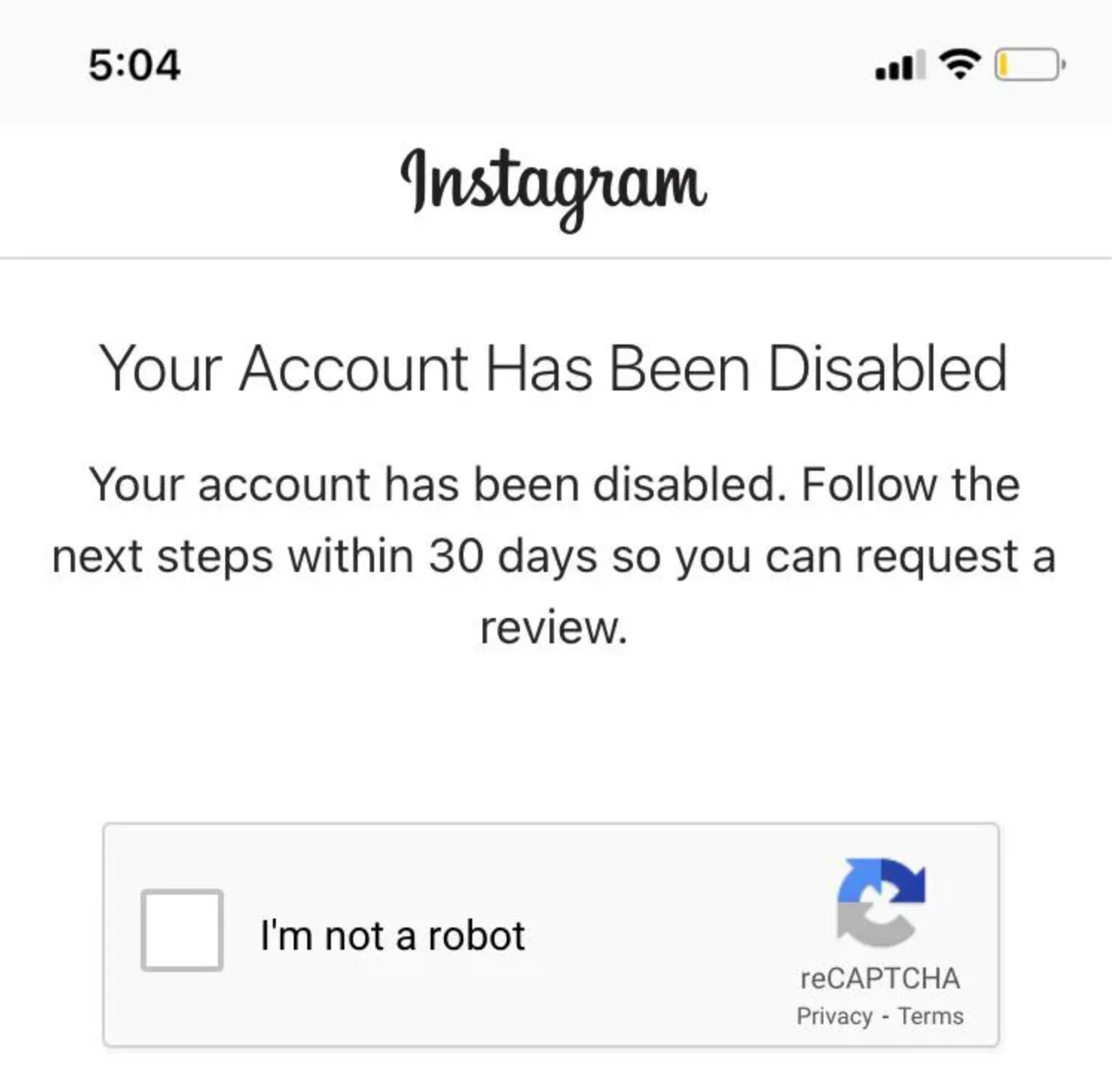 A screenshot of an Instagram memo stating that an account has been disabled and steps must be followed within 30 days to request a review.