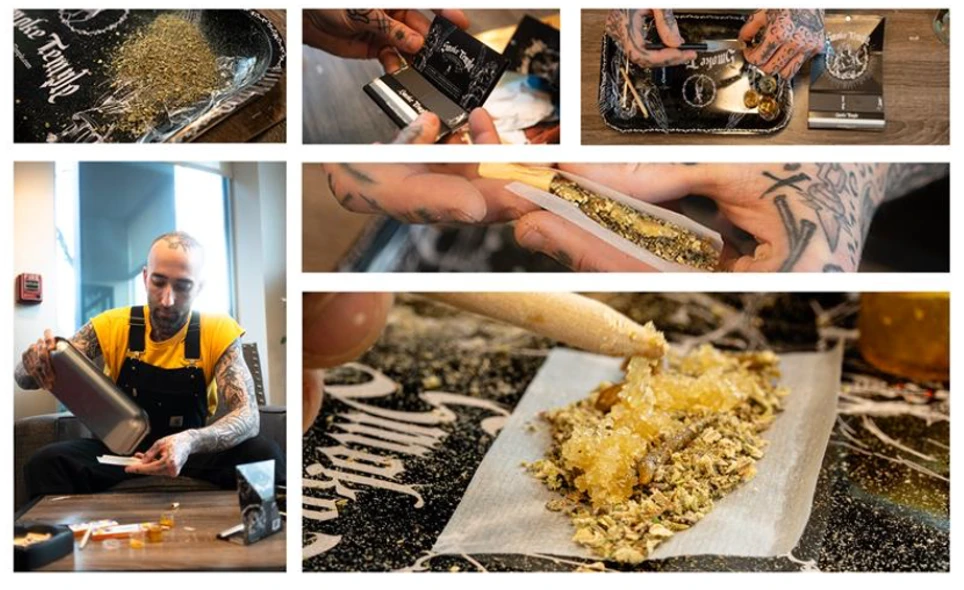 collage of a man infusing his own cannabis joints