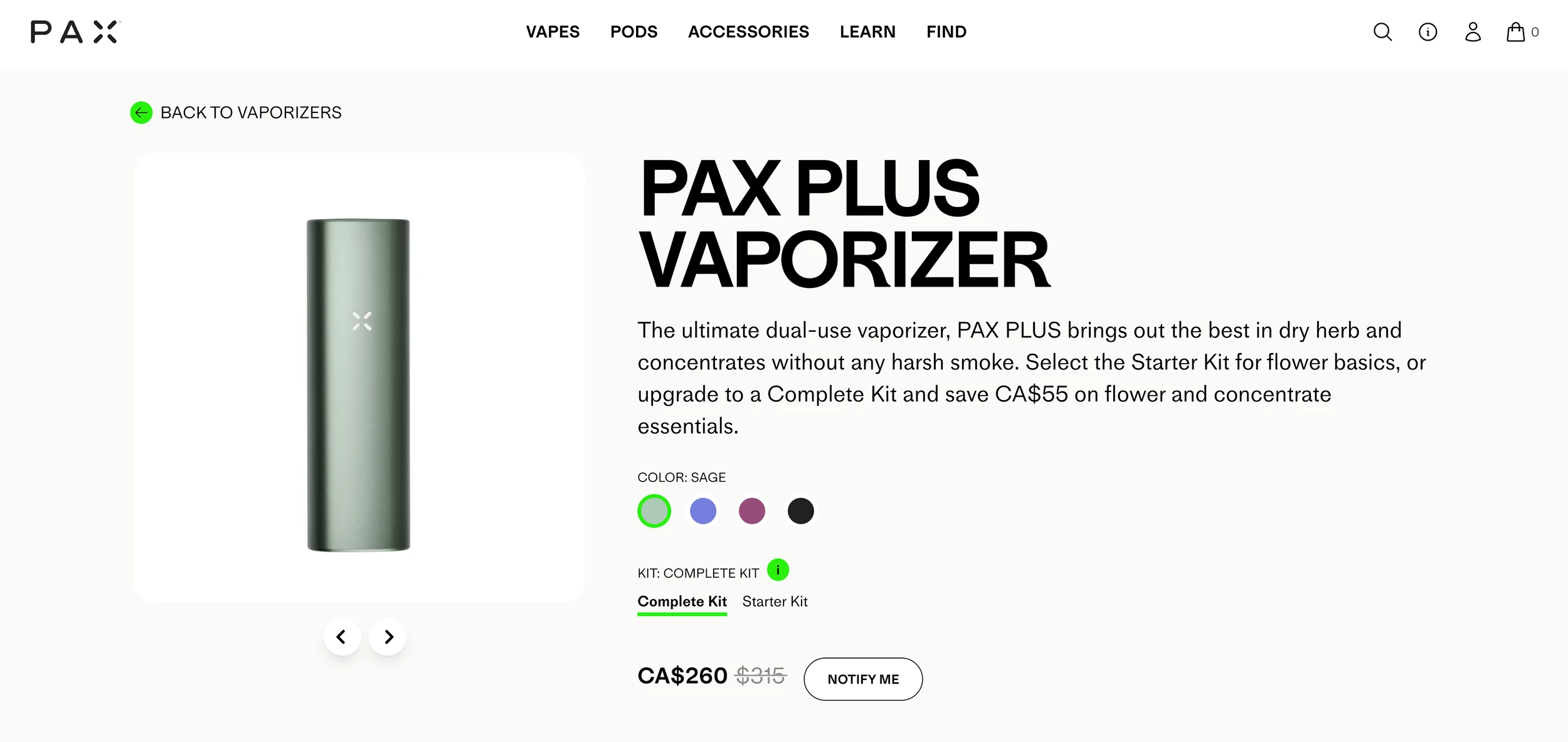 A screenshot of the PAX website which showcases their PAX Plus Vaporizer.