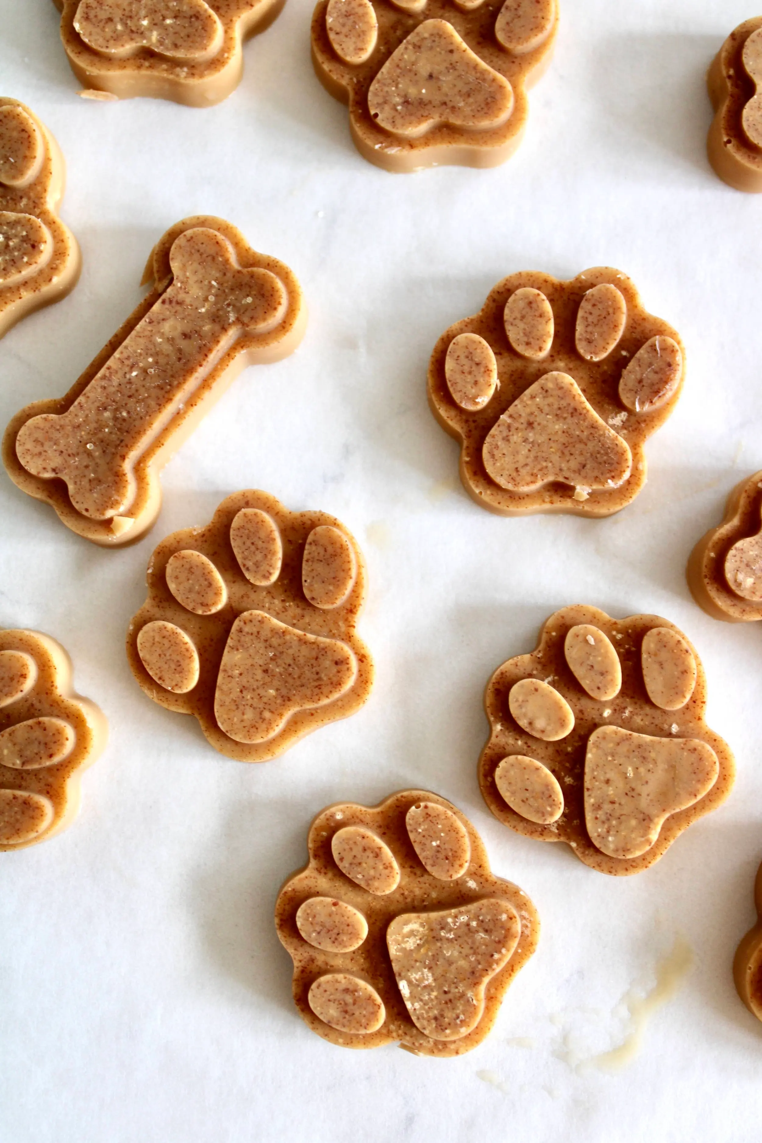 7 paw shaped brown dog treats as well as 1 bone shaped dog treat all scattered neatly on a marble countertop.