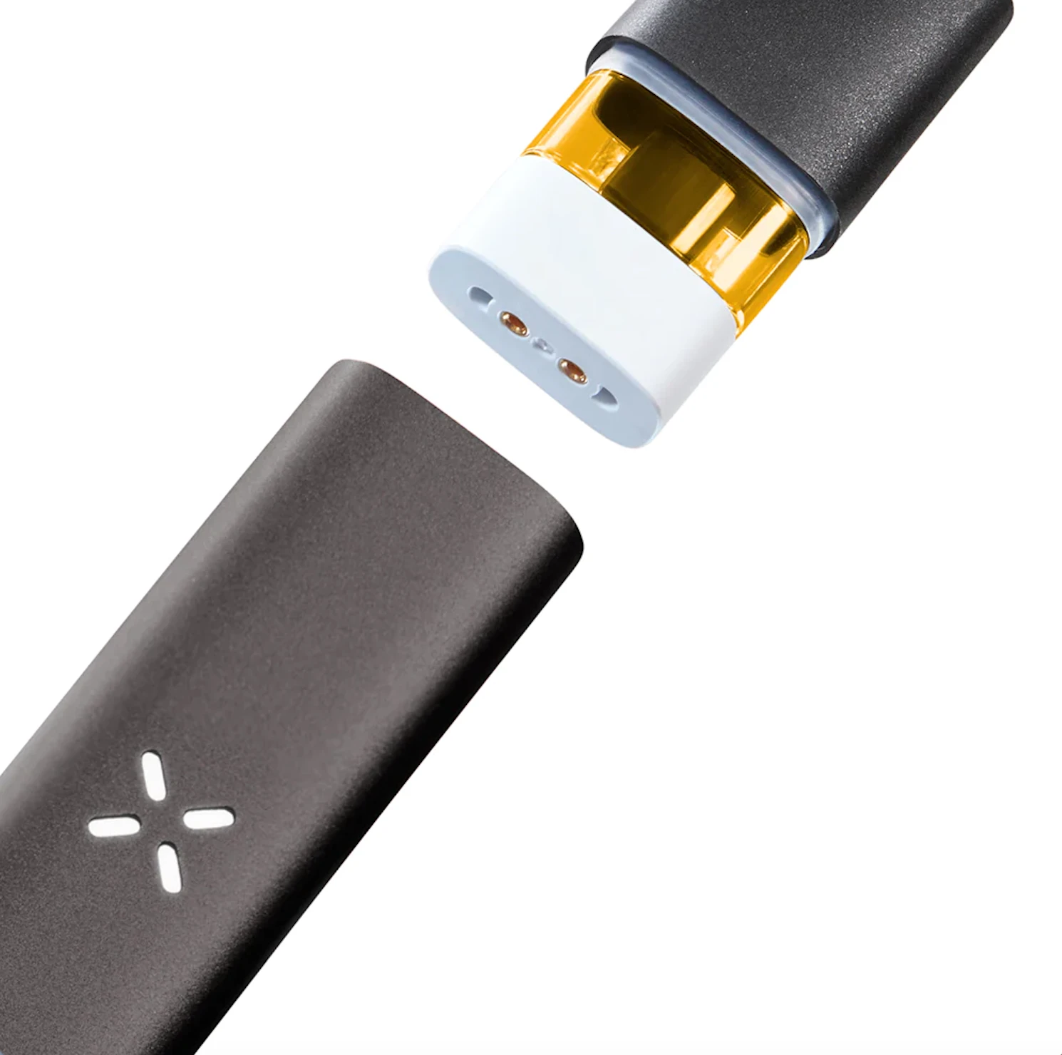 A PAX vape with the cartridge taken out so viewers can see the base of the cartridge. 