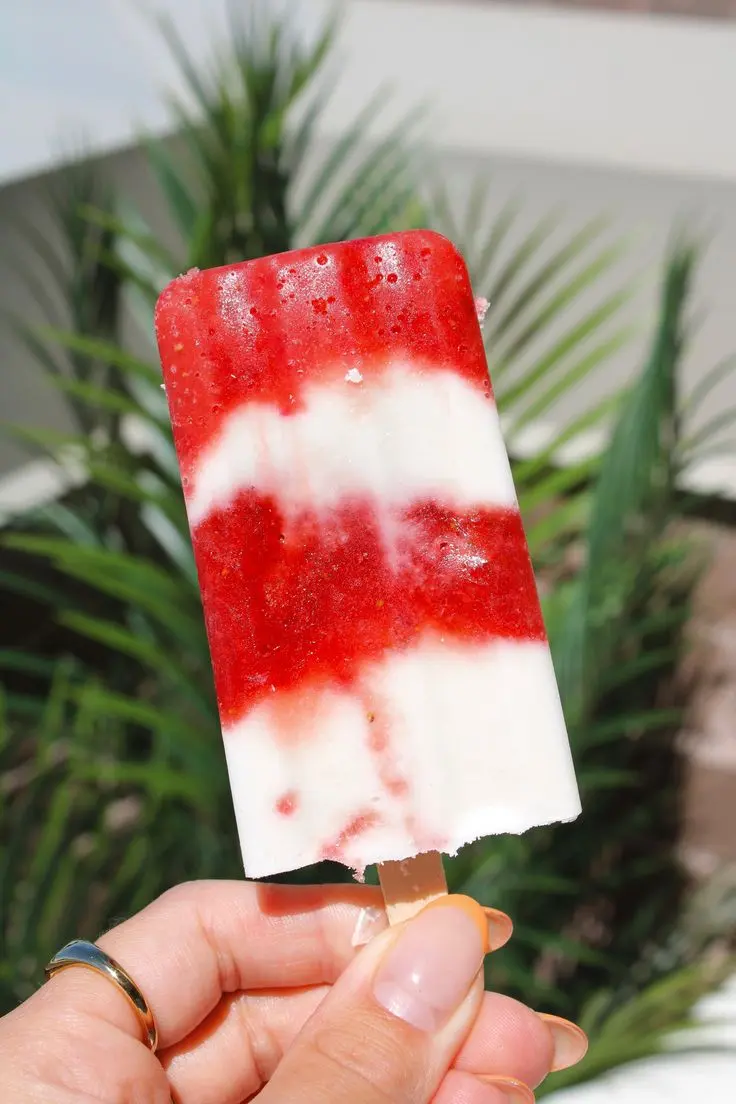 a person holding a red and white horizontally striped popscile with the backdrop being a palm plant.