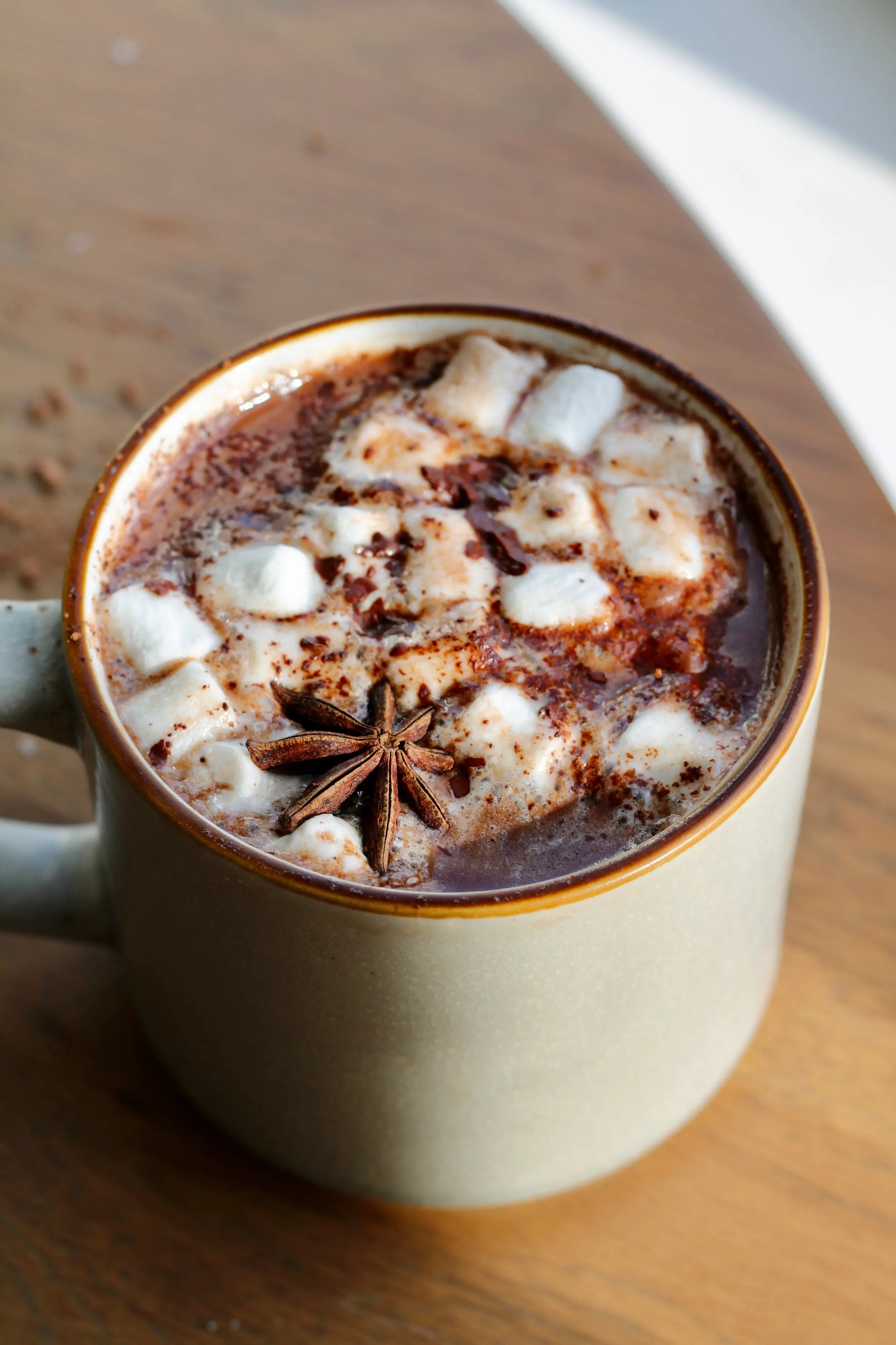 a mug full of hot chocolate topped with mini marshmallows and a garnish of star anise.