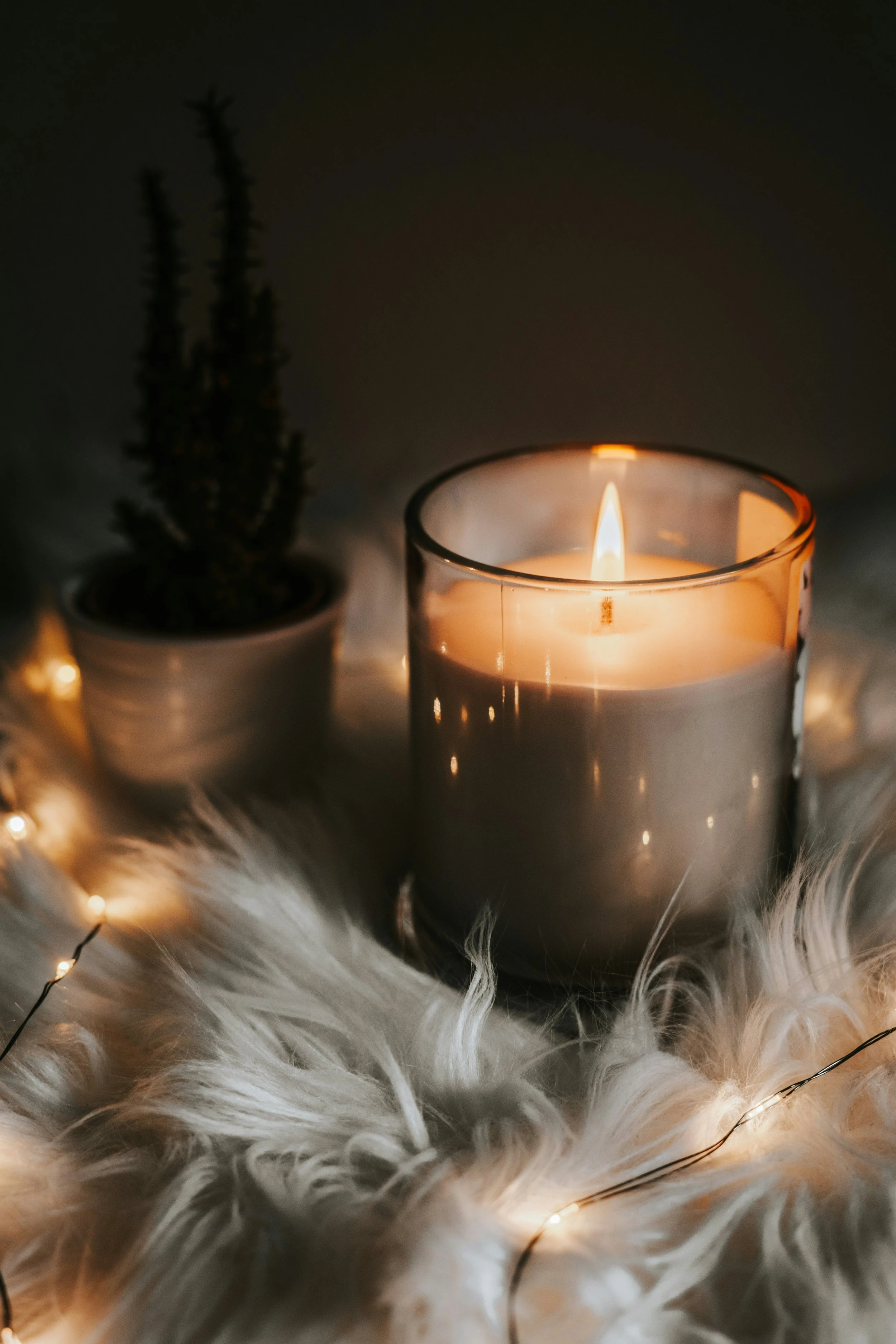 A candle in a beige class jar is lit while feathered string lights run through it.