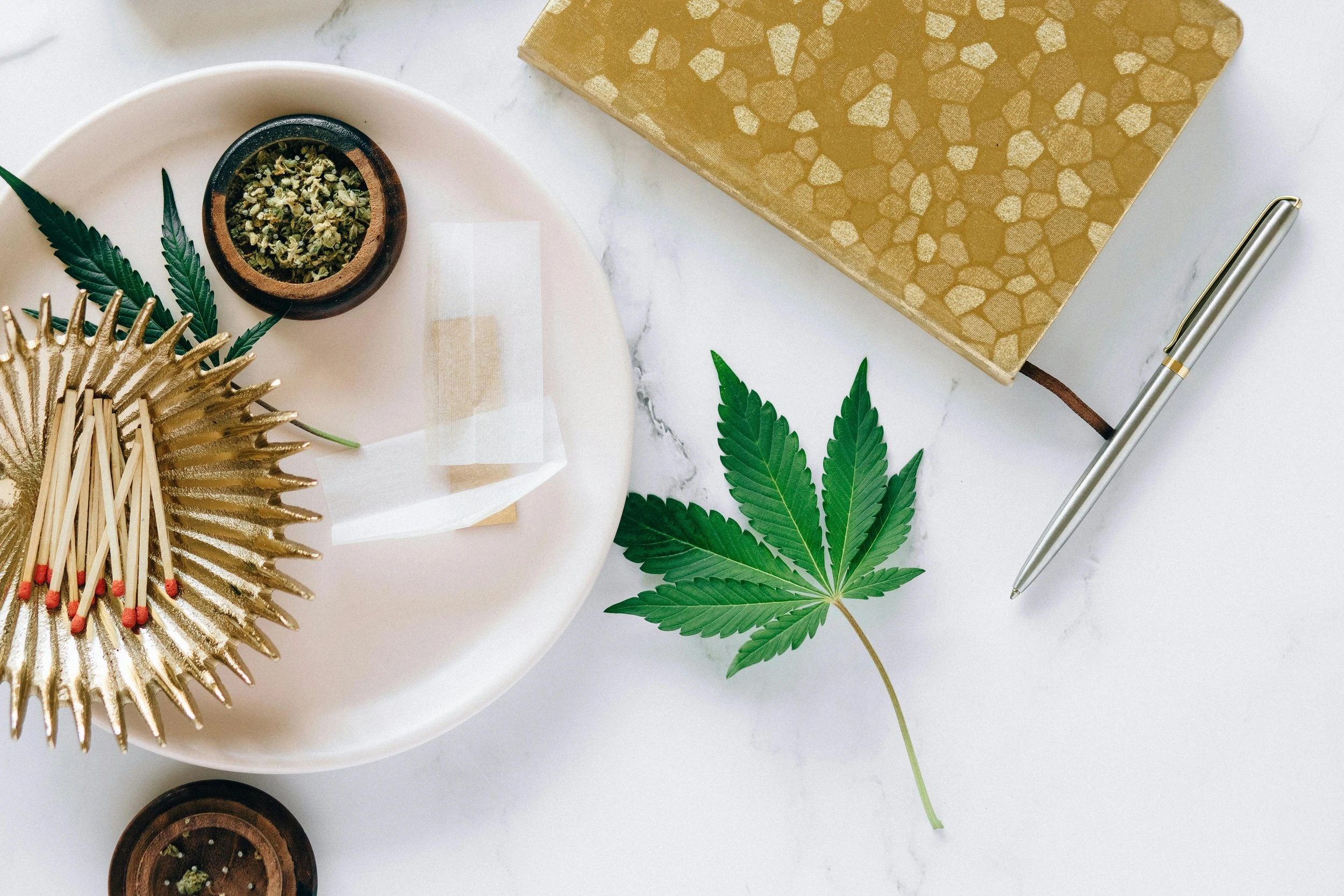 A green cannabis leaf rests on a marble counter next to a beige tray of ground cannabis and joints.