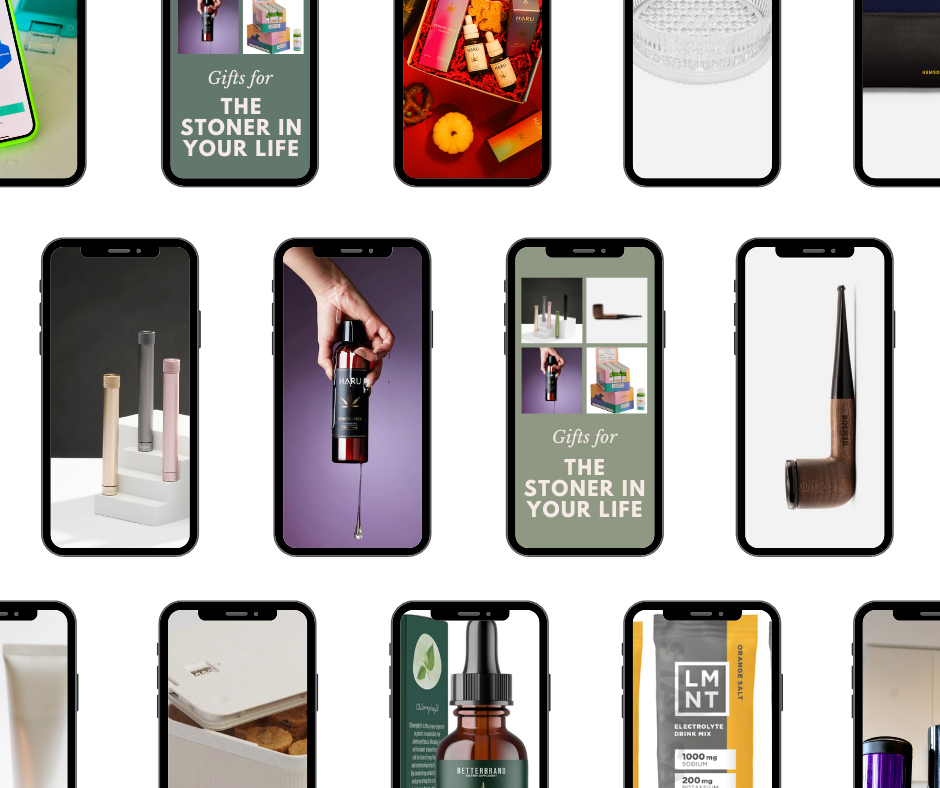 A graphic consisting of four full phone screens and 10 half phone screens (cut off by the edges of the page) all arranged in neat rows. The phone screens showcase various gift ideas for cannabis consumers.