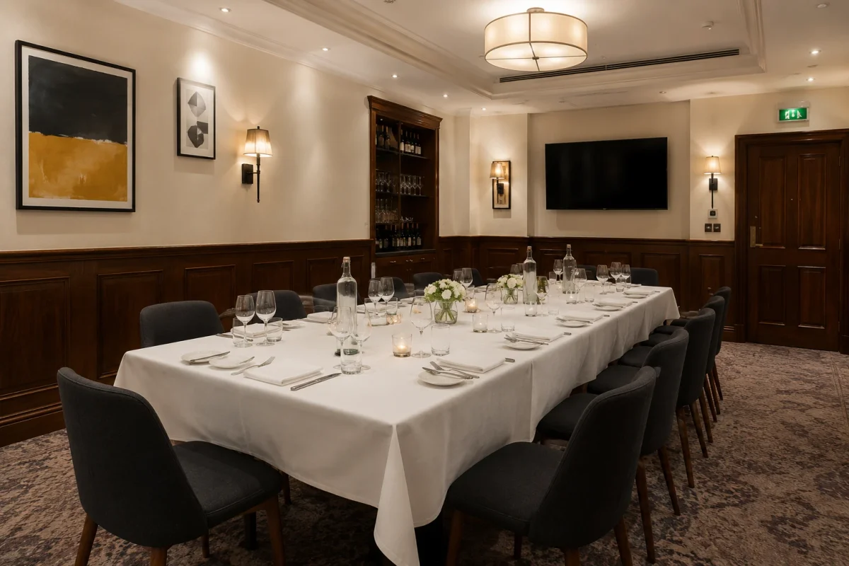 Private dining room for a mid-level formal birthday with a seated table and calm central London setting | Partyfer