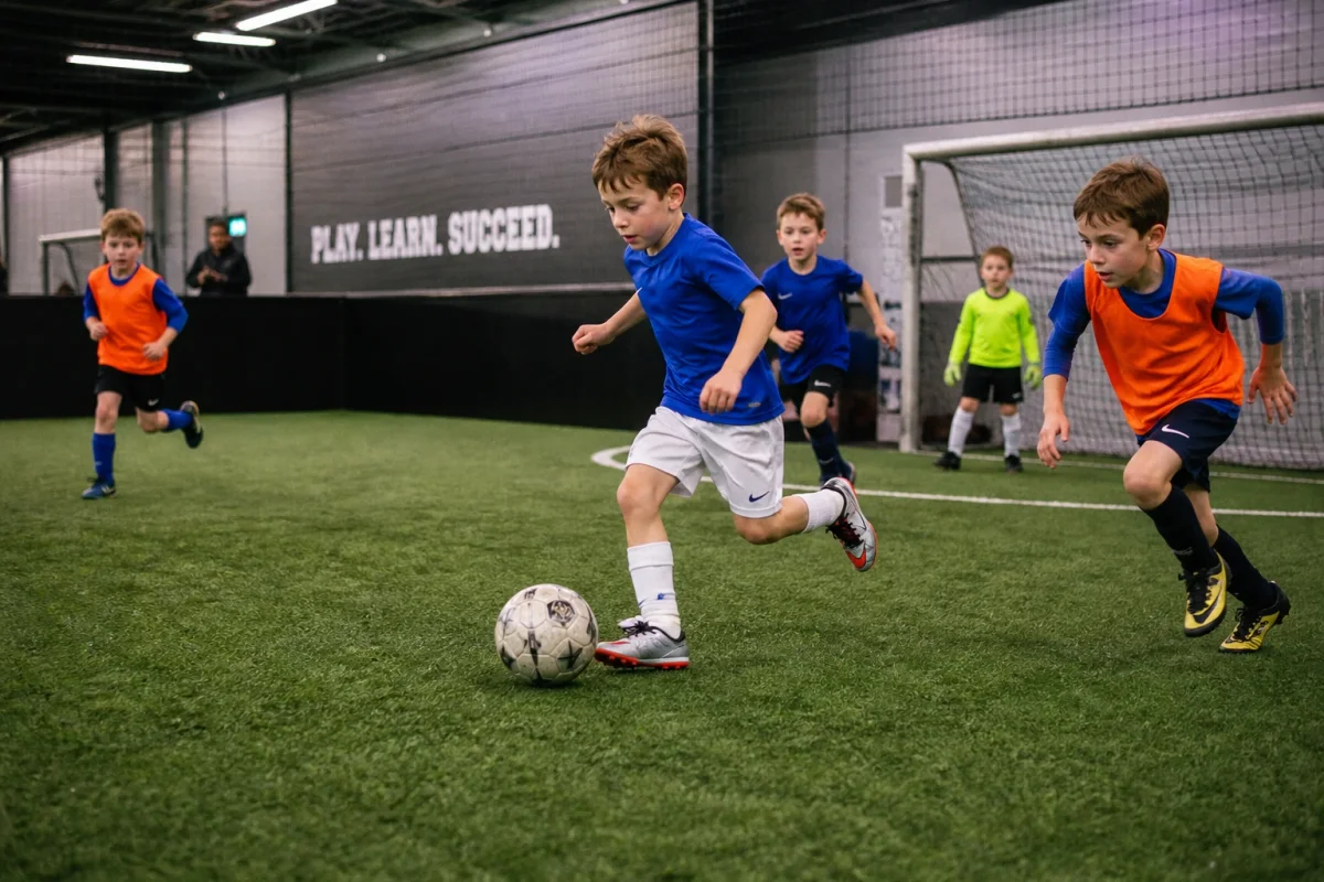 Football-based kids birthday experience in London with indoor pitch play, team games and an active party structure | Partyfer