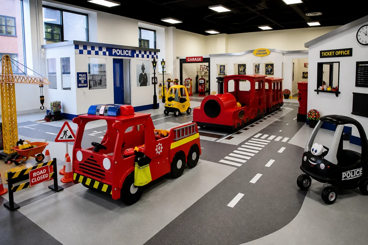 Transport-themed kids birthday play space in London with mini roads, trains and city role-play | Partyfer