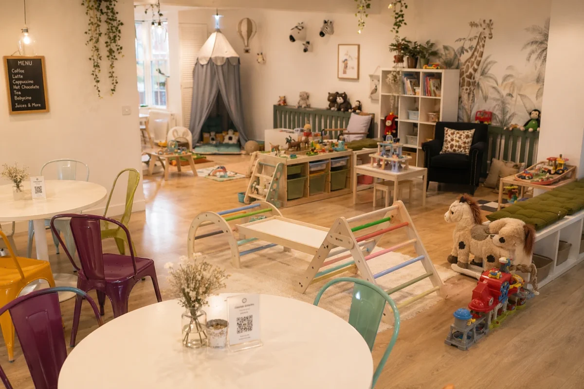 Styled toddler play café with a cosy play zone and family seating area | Partyfer