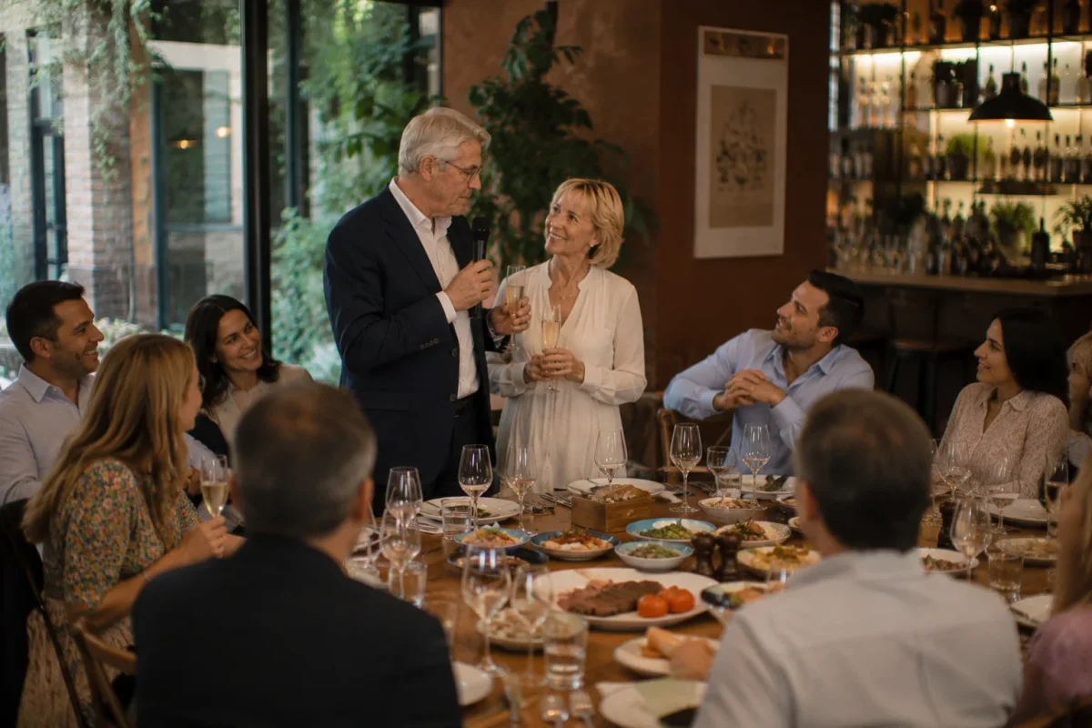 Food-led anniversary dinner with an older couple sharing a toast around a relaxed restaurant table | Partyfer