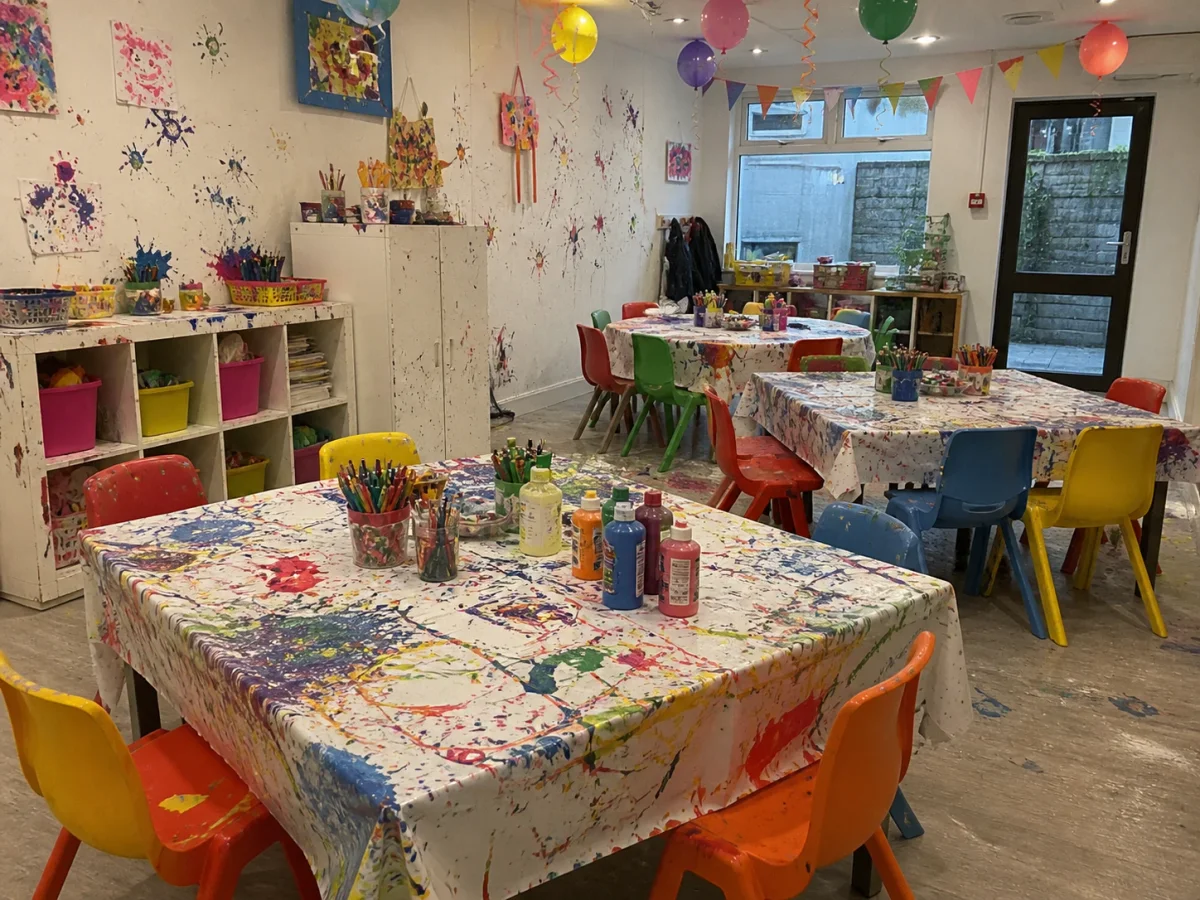 Creative party room with messy paint tables and a real hands-on workshop feel for young children | Partyfer