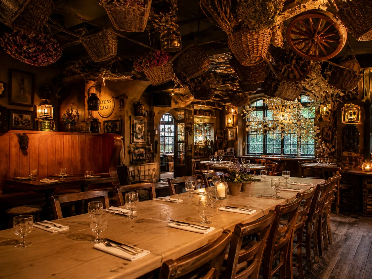 Atmospheric London restaurant setting for a kids birthday meal with family-style tables | Partyfer